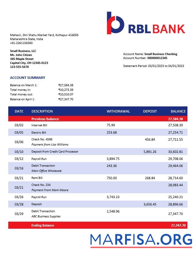 Realistic RBL Bank enterprise account statement Word and PDF template
